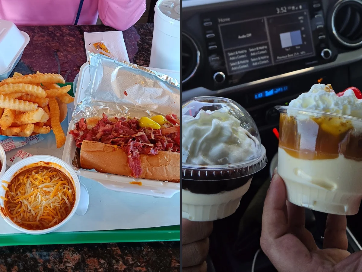 Fast food counter with seating nearby.