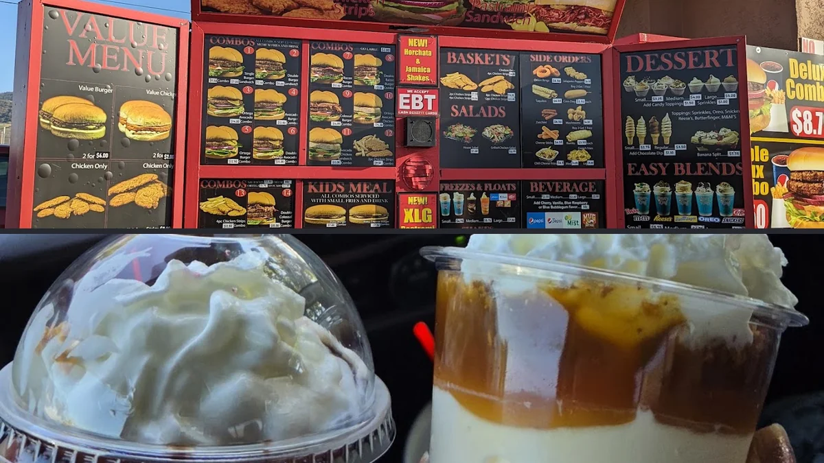Fast food counter with seating nearby.